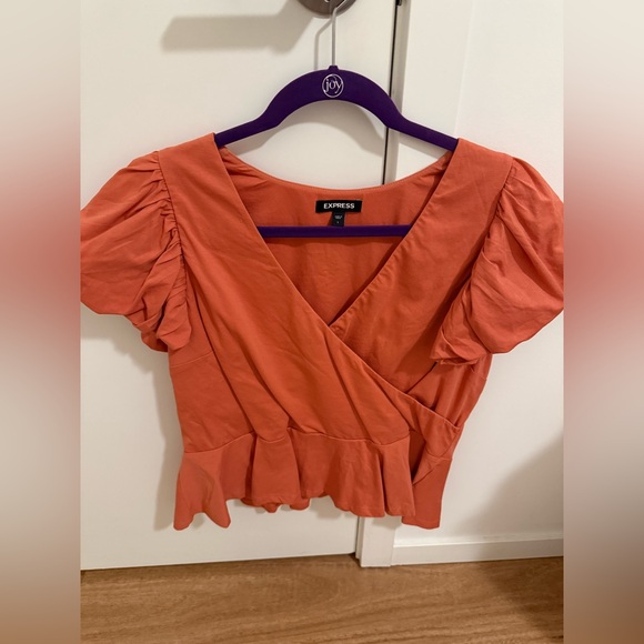 Express Orange Puff Sleeve Wrap Blouse - Picture 1 of 2